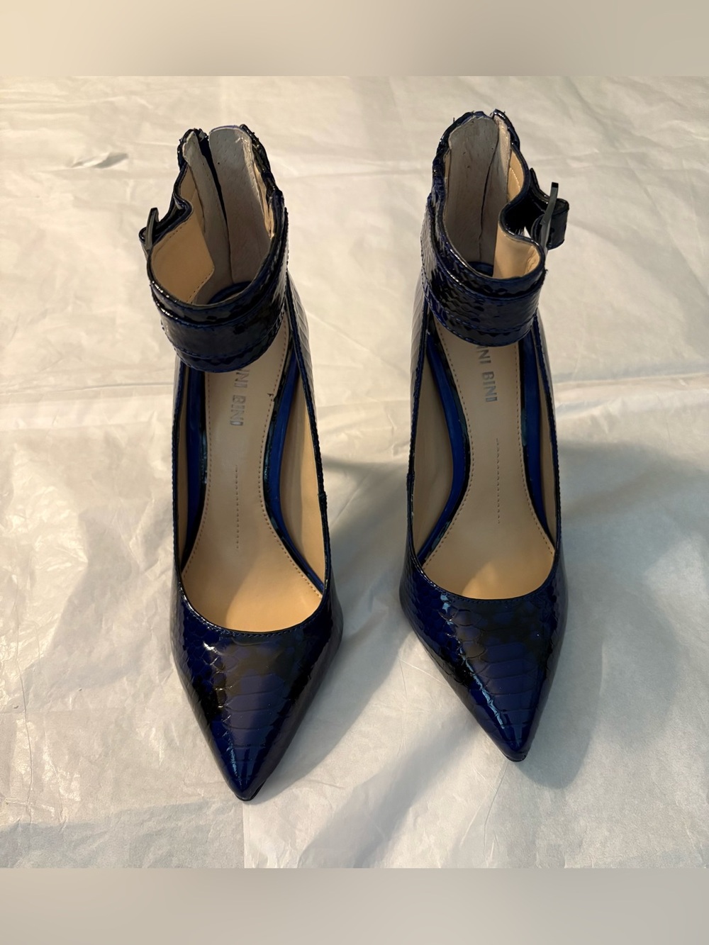 Gianni Bini Navy Snake Print Ankle Strap Stiletto Pumps